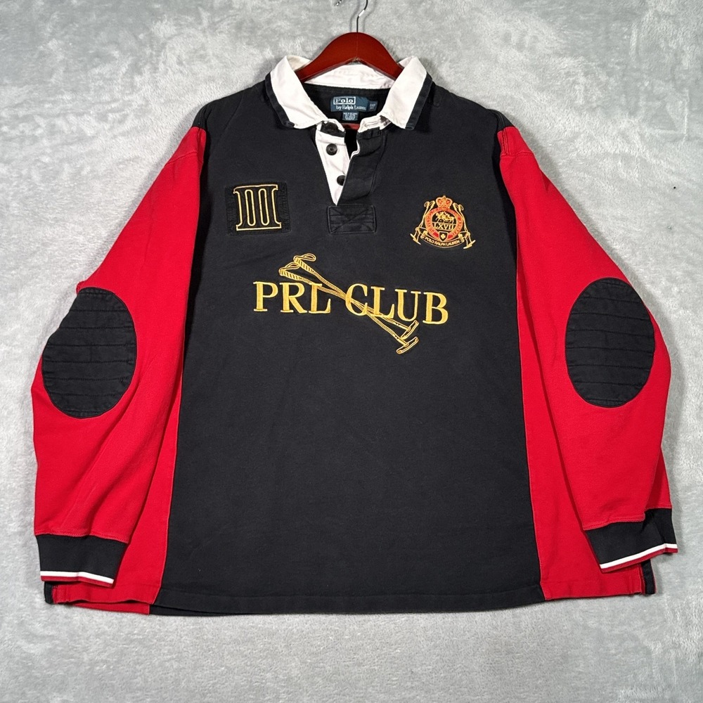 Polo Ralph Lauren Rugby Shirt Mens 3XB 3XL Big PRL Club Black Red Long Sleeve - Picture 1 of 7